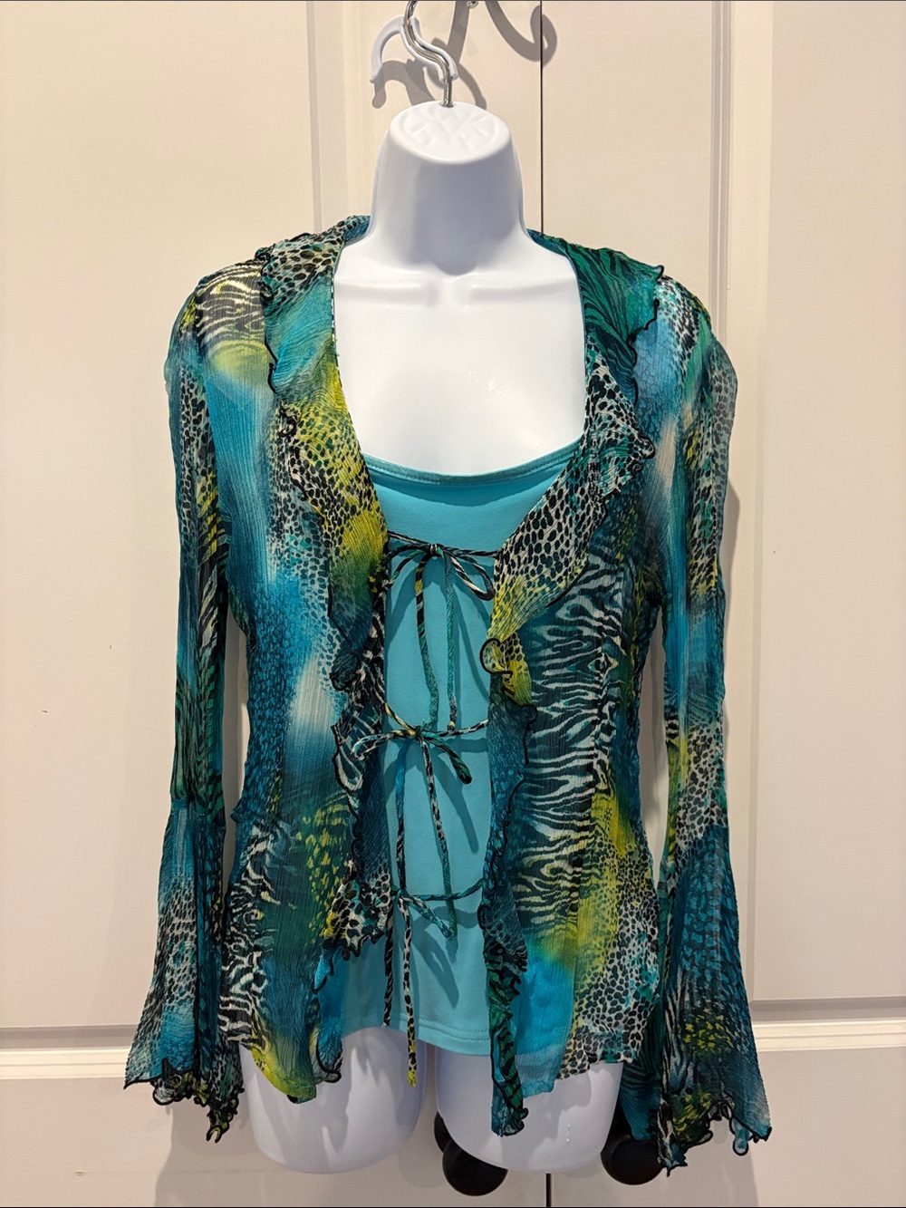 Joseph Ribkoff Teal and Lime Green Animal Print Ruffled Blouse with camisole